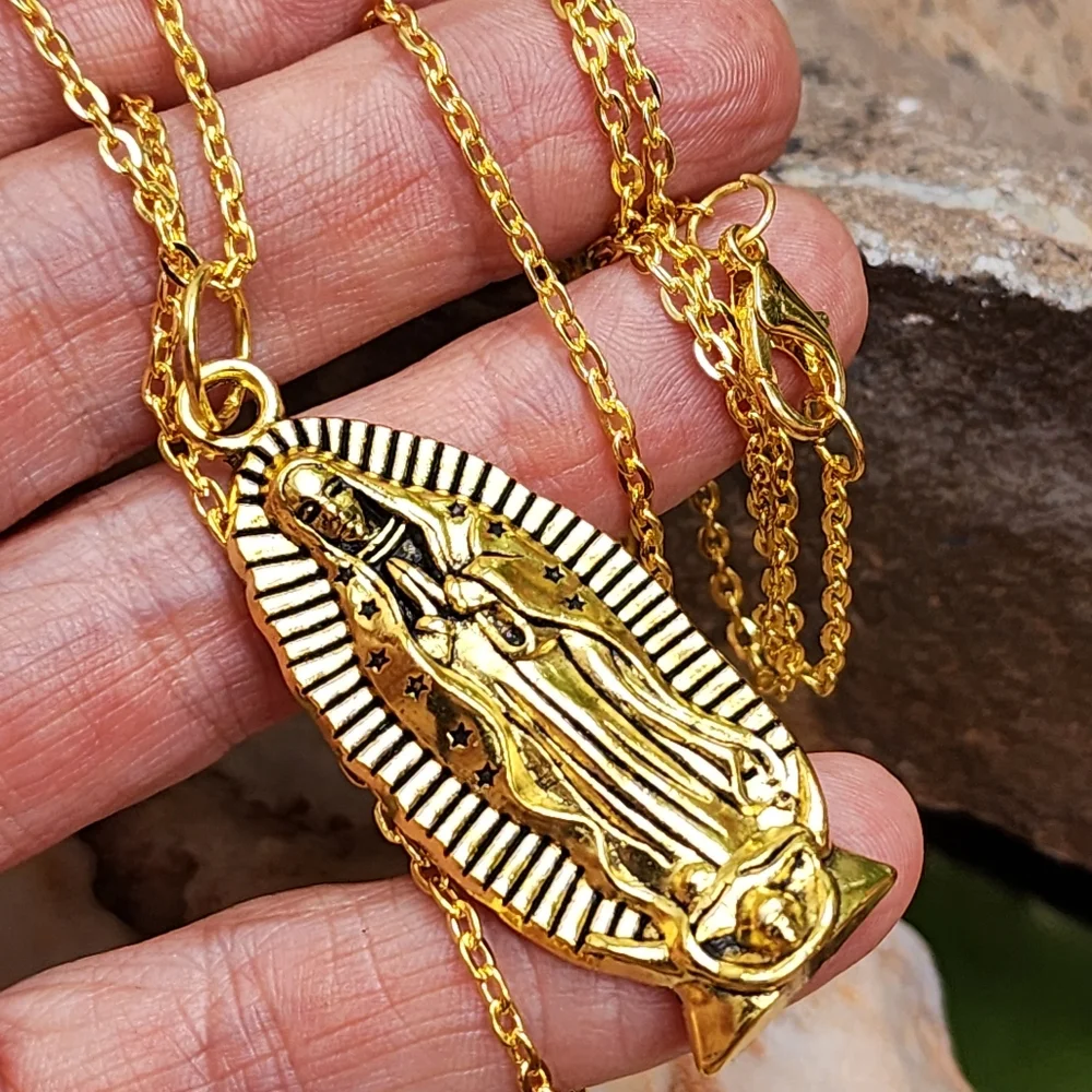 Large Our Lady of Guadalupe' Gold Medallion Long Chain Magnolia Rose